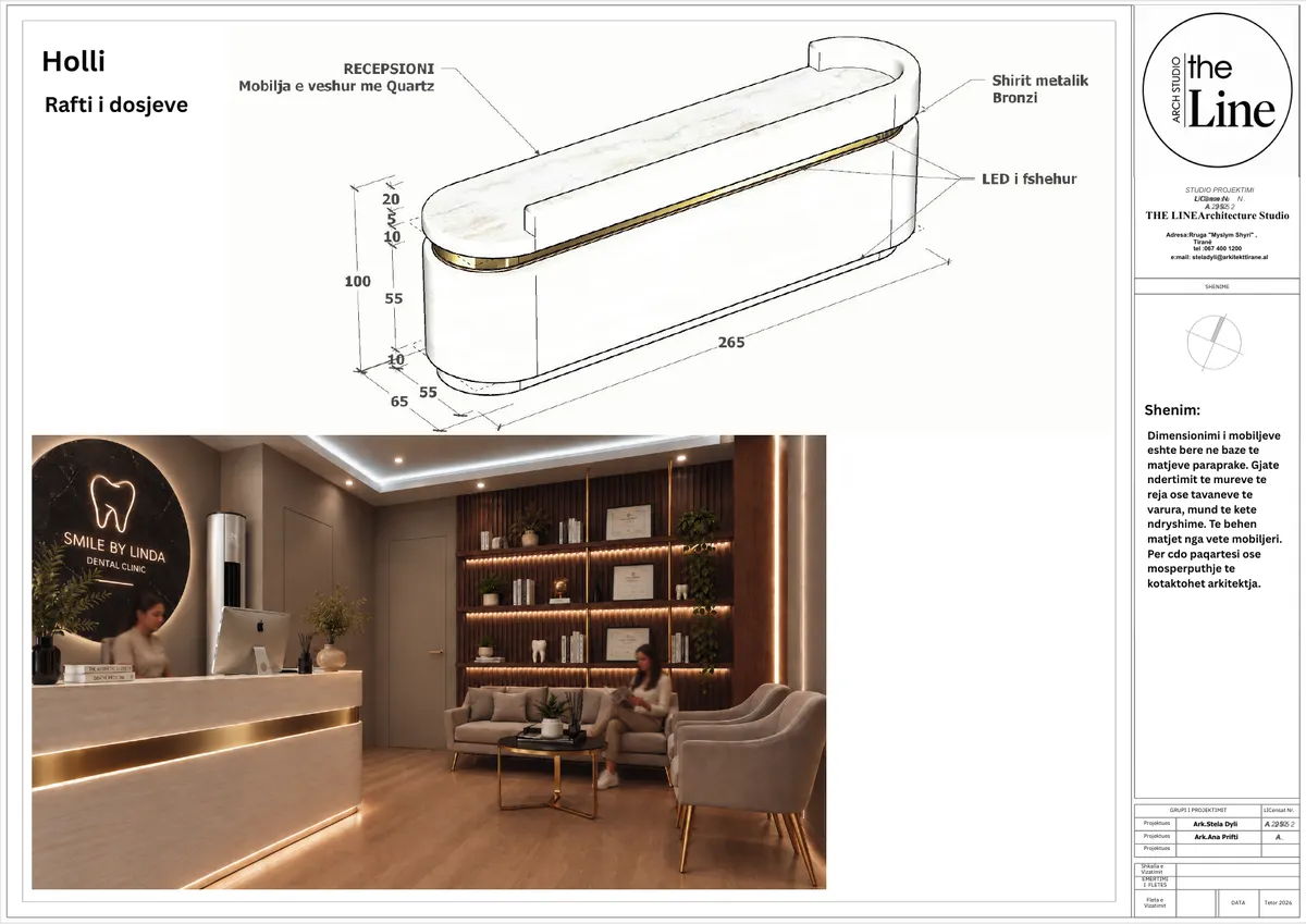 Tavola di arredo su misura: bancone reception quotato con render