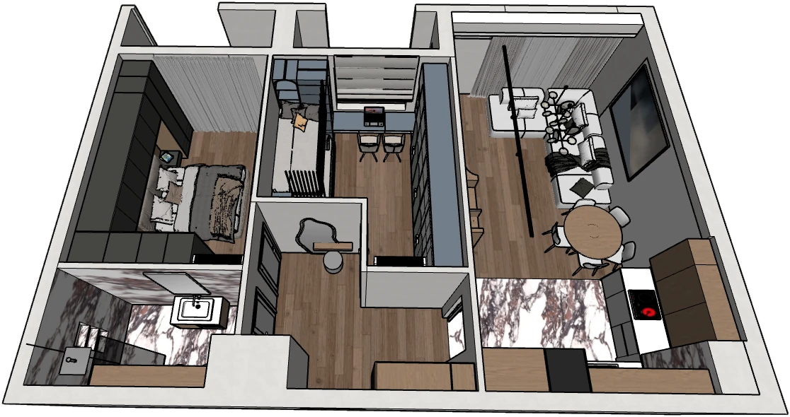 3D view of a fully furnished two-bedroom flat