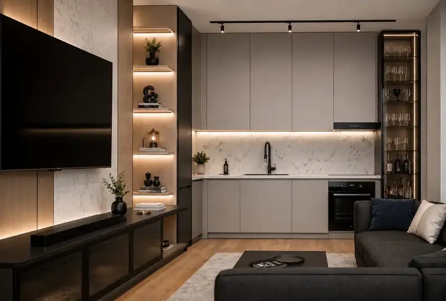 Render of a living room with a timber TV wall