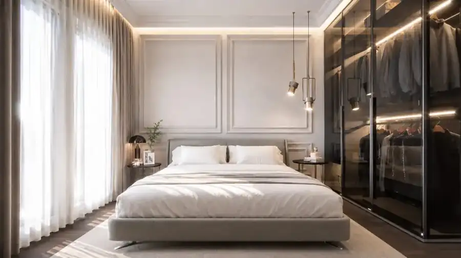 Bedroom with smoked-glass walk-in closet