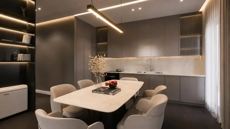 Kitchen and dining area with linear lighting