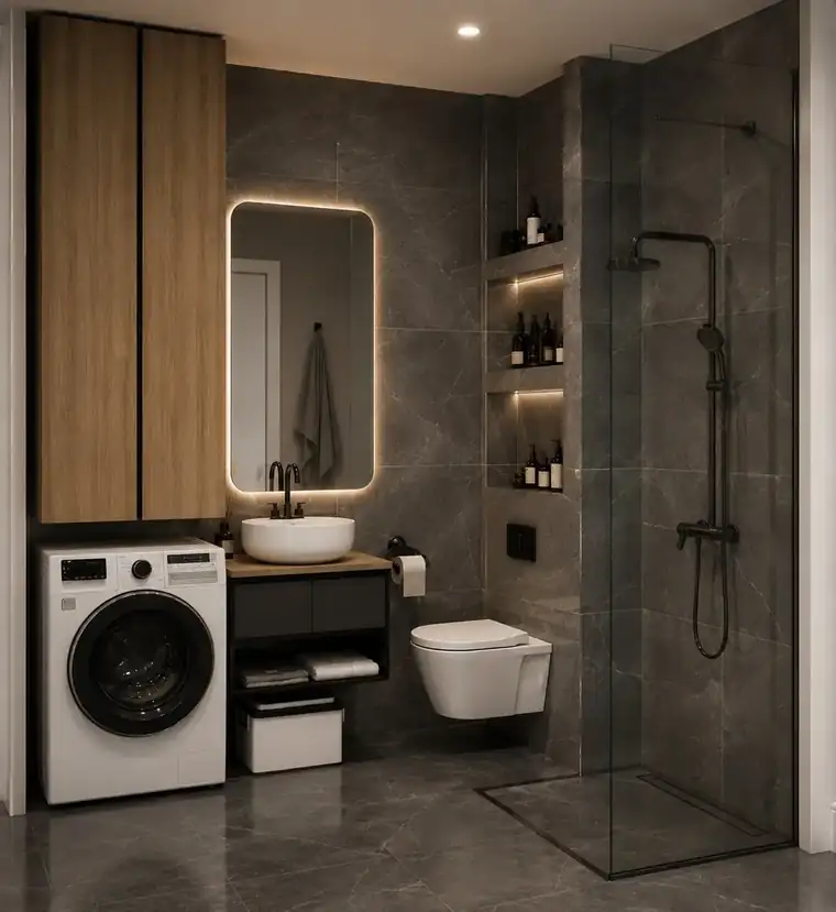 Bagno in marmo grigio con specchio retroilluminato