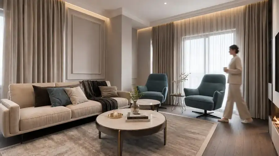 Zonë ditore me divan bezhë dhe kolltuqe blu — projektim interieri, Tiranë